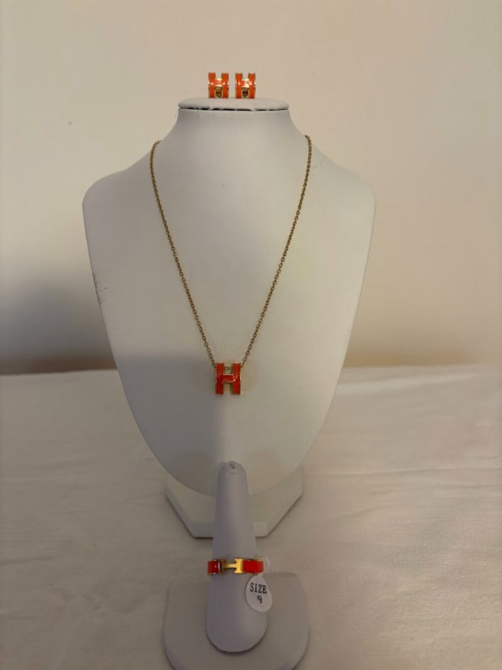 H Orange Enamel Gold Tone Ring (9) & Necklace (17") & Earrings
